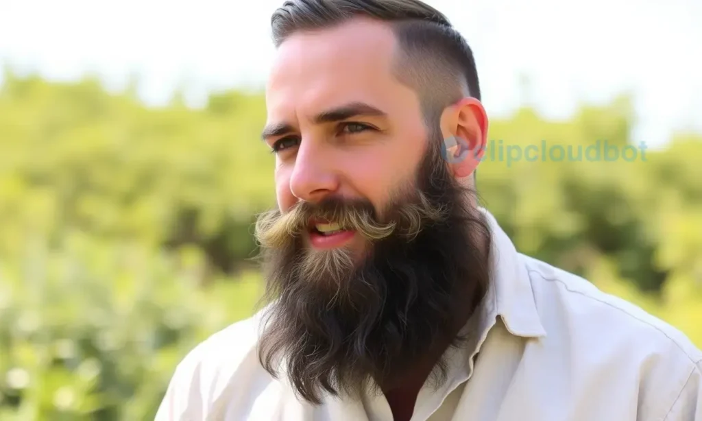 A man with a full beard is standing in a sunny outdoor setting, wearing a light-colored linen shirt. He has a relaxed expression and is looking slightly to the side. The background shows greenery and a clear sky. Focus on the beard's texture and health.