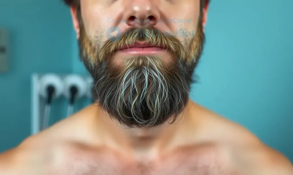A man with patchy beard loss, showing natural hair thinning in small areas of the beard, realistic lighting, neutral background, medical and calm atmosphere, no signs of injury or inflammation