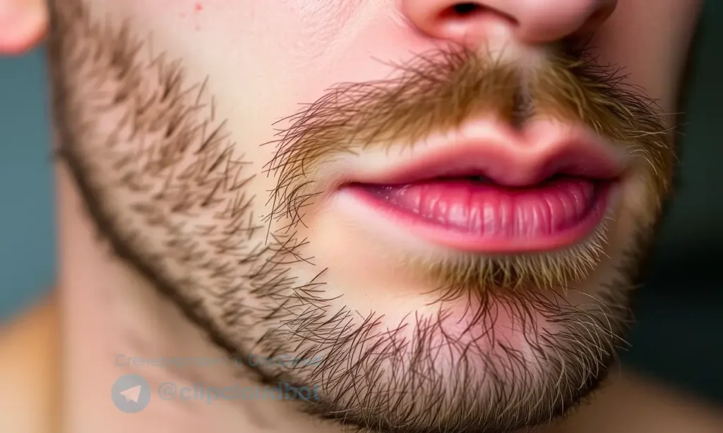 Close-up image of a man's chin and upper beard area. Focus on the skin texture and a small area of redness or irritation. Soft, natural lighting.