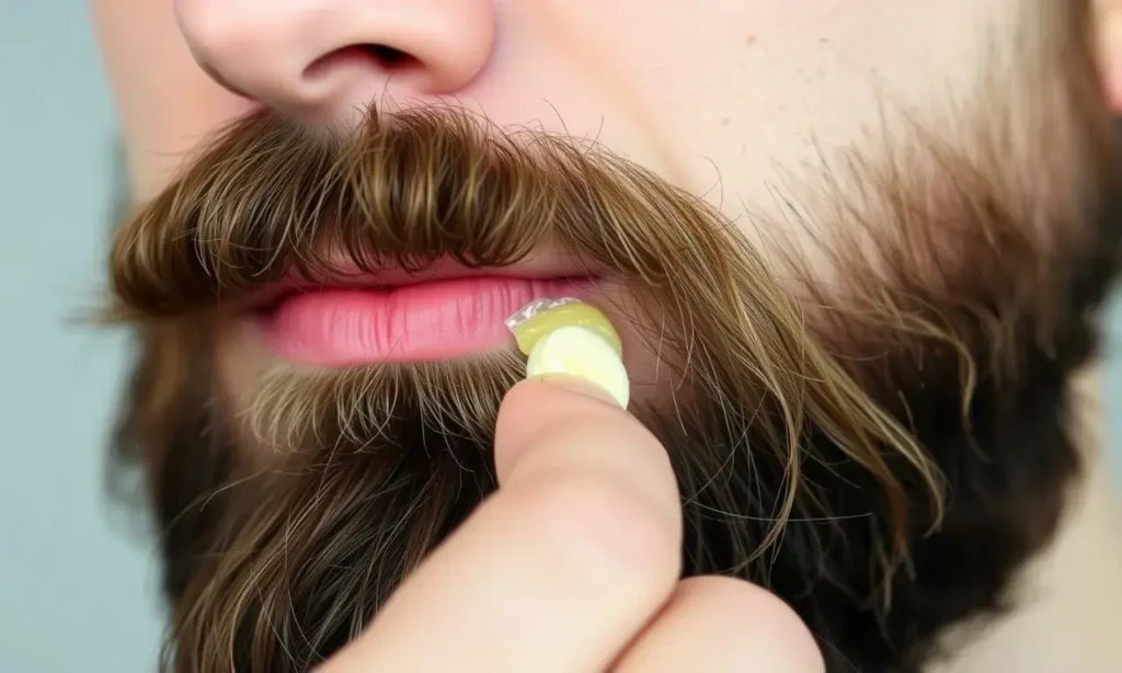 A close-up shot of a man's beard with a small amount of beard wax being applied. The beard should look slightly stiff and hold its shape. Focus on the texture of the beard and the wax.