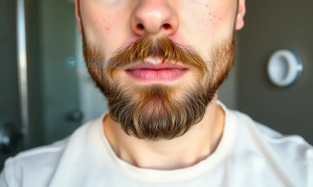 A close-up image of a man with a well-groomed beard and acne-prone skin. He is wearing a light-colored t-shirt. The background is softly blurred, suggesting a bathroom setting. Focus on the beard and skin texture.