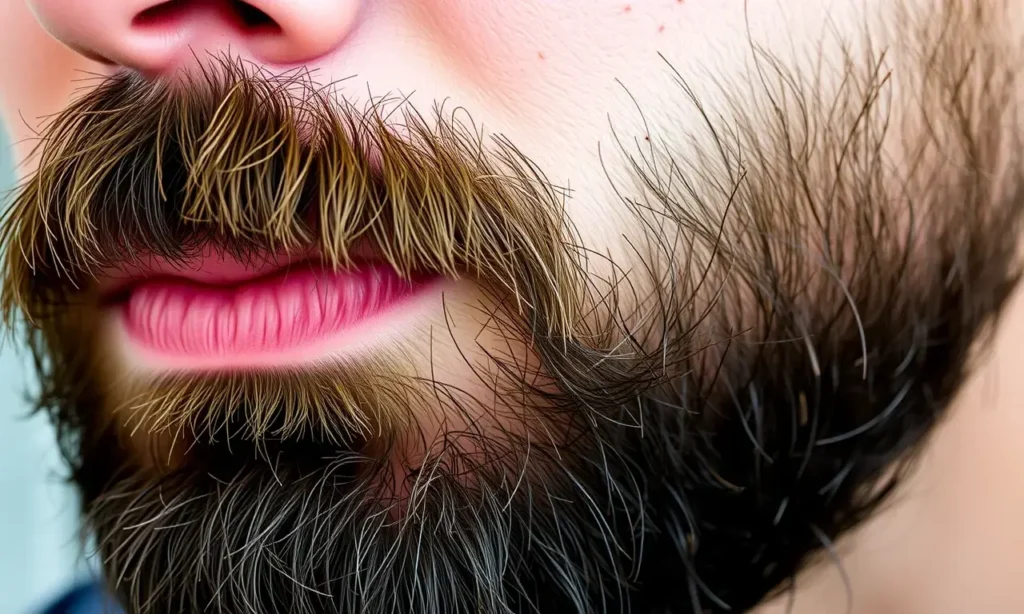 A close-up, detailed image of a man's beard with a few visible blemishes on the skin underneath. The beard is well-groomed, showing texture and individual hairs. The skin is light to medium toned and has a few small, scattered imperfections. Soft, natural lighting.