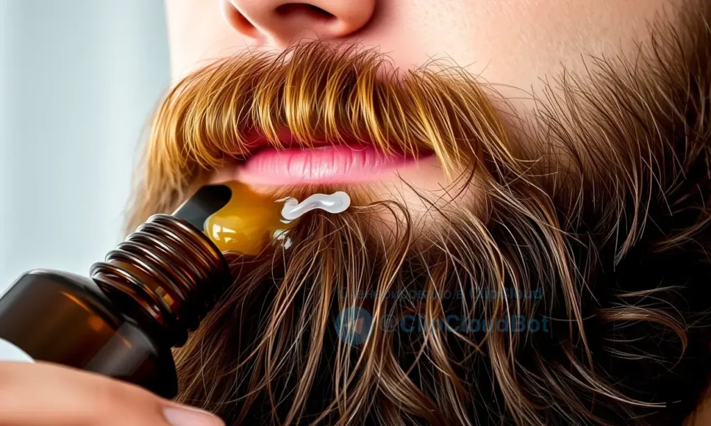 A close-up, detailed image of a man's beard being moisturized with beard oil. The beard should be thick and well-groomed. The oil bottle should be visible, with a focus on the texture of the oil being applied. Soft, natural lighting.