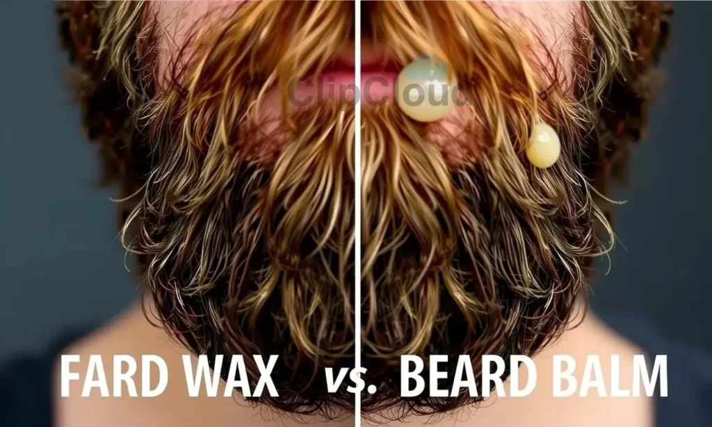 A close-up shot of a man's beard, showing the difference between beard wax and beard balm. The wax should be depicted as a firm, solid substance, while the balm should be shown as a creamy, moisturizing product. The beard should be styled with both products, demonstrating the different hold and texture they provide. Focus on the texture and appearance of each product on the beard.