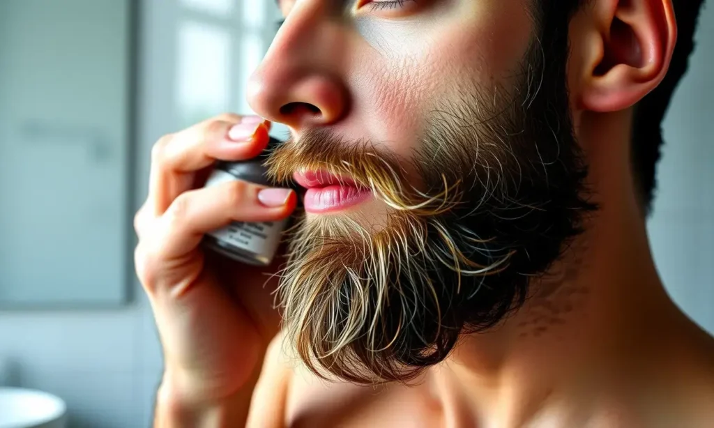A close-up portrait of a well-groomed man with a stylish, perfectly shaped beard, standing in a modern bathroom, applying a styling product from a small jar into his facial hair, looking confident and neat, soft natural lighting, high detail, photorealistic