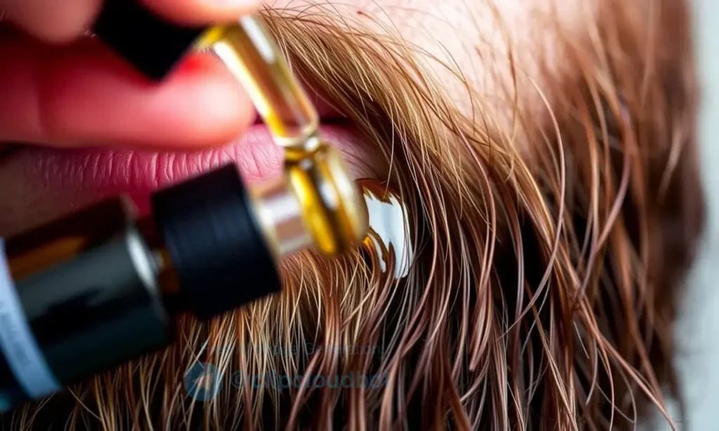 A close-up, realistic image of a man's beard with a small amount of beard oil being applied. The beard should be well-groomed and healthy-looking. Focus on the texture and shine of the beard.