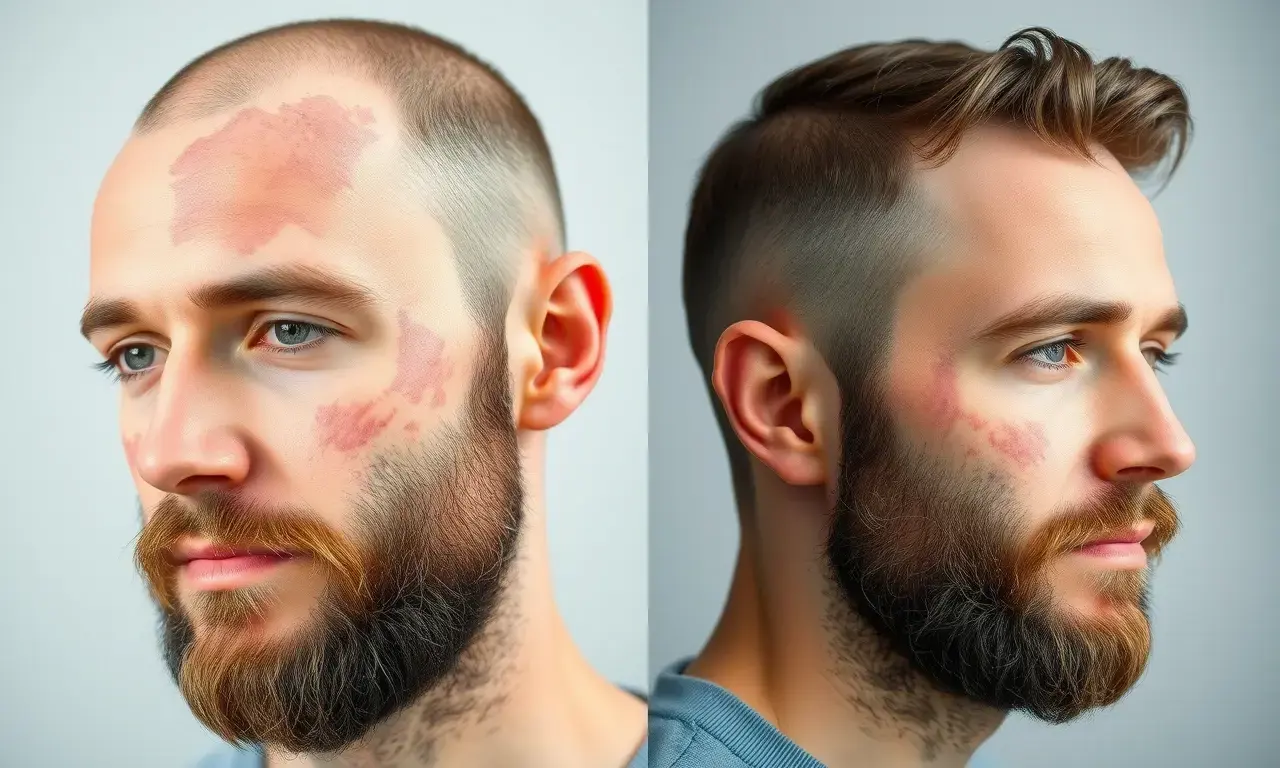 A man with patchy beard loss, showing natural hair thinning in some areas while other parts remain full, realistic lighting, neutral background, medical accuracy, no text or labels
