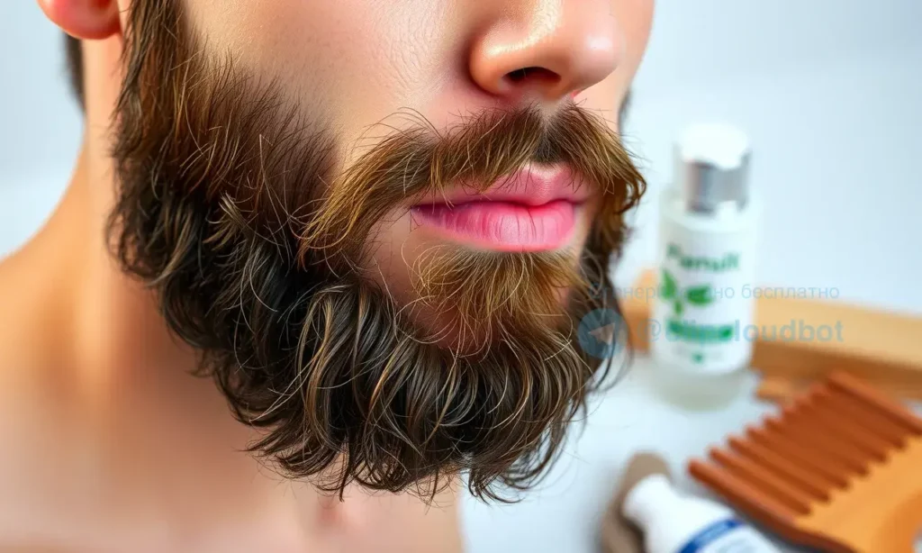 A realistic close-up portrait of a man with a well-groomed beard, showing slightly oily skin and a subtle natural shine under the beard. The scene includes natural skincare items such as a gentle cleanser bottle, a moisturizer tube, and a wooden beard comb placed nearby, conveying a balanced and fresh grooming routine. Soft, natural lighting highlights the texture of the skin and hair without any text or logos.