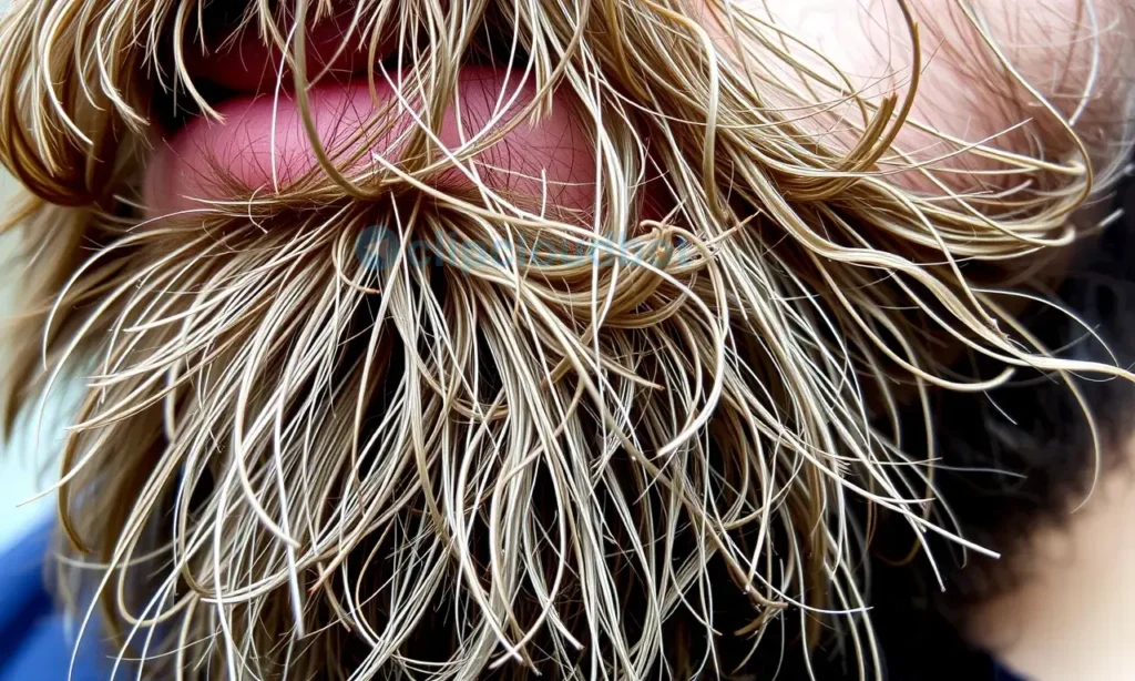A close-up image of a man's beard with coarse, wiry hair. Focus on the texture and individual strands. Show a variety of hair lengths and directions. The beard should appear slightly dry and unkempt, but not overly rough.