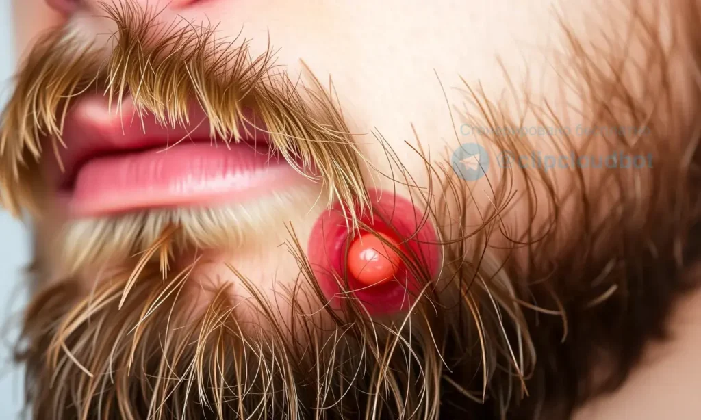 Close-up shot of a man's beard with a few ingrown hairs visible, but not excessively inflamed. Focus on the texture of the beard and the subtle redness around the affected areas. The lighting should be soft and natural, highlighting the details of the beard.