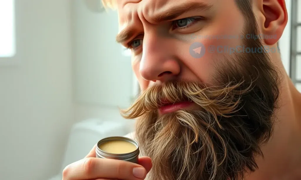 A close-up portrait of a well-groomed man with a stylish beard, looking slightly frustrated and touching his messy, drooping beard with his fingers. In his other hand, he holds a small tin of beard wax. The background is a modern bathroom with a clean mirror and soft natural lighting, highlighting the texture of the beard and the tin. High quality, photorealistic, detailed.