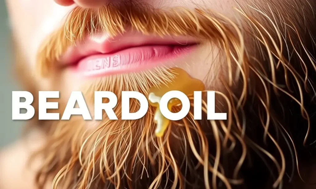 A close-up, detailed image of a man's beard and hair, showing the texture and shine of beard oil. The beard is well-groomed and healthy-looking. The lighting should be soft and natural, highlighting the oil's effect.
