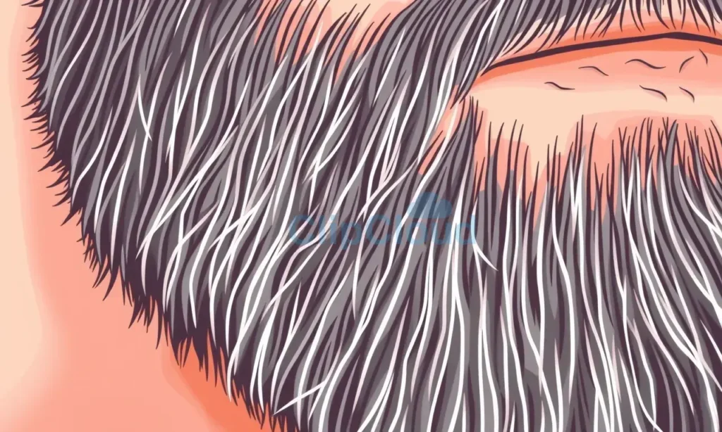 A close-up, detailed illustration of a man's beard with some ingrown hairs visible. Focus on the texture of the beard and the affected areas. Show a mix of healthy and slightly irritated hairs.