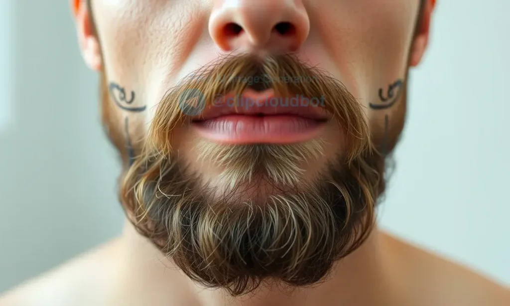 Close-up shot of a man's face with a well-groomed beard. Focus on the skin underneath the beard, showing healthy, hydrated skin. Soft, natural lighting.