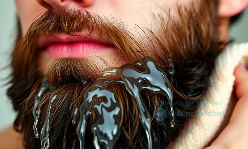 A close-up shot of a person washing their beard with warm water and a soft cloth. The beard is full and well-groomed. Focus on the water droplets and the texture of the beard.