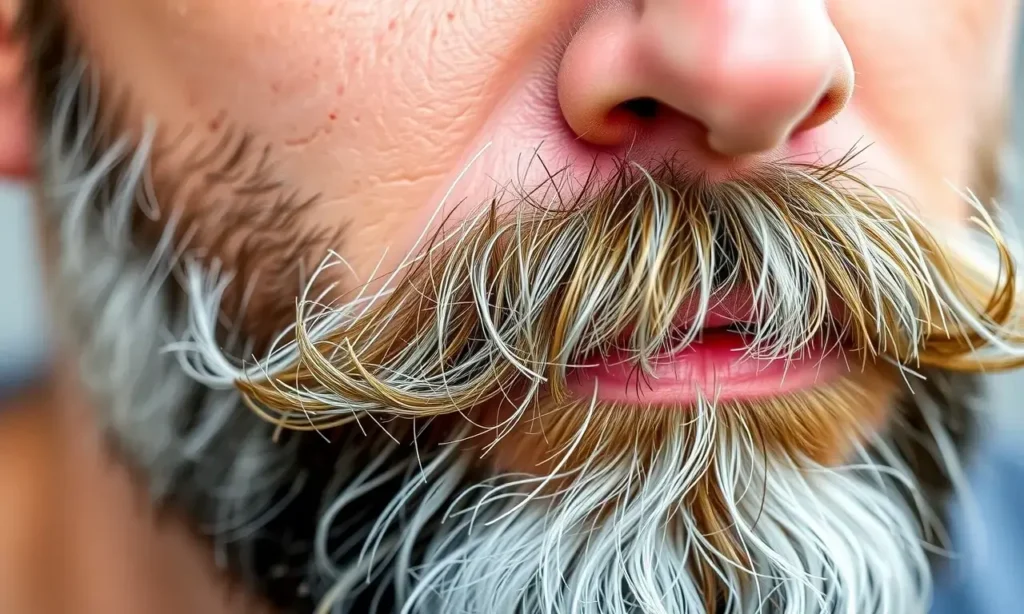 A close-up, high-quality image depicting a well-groomed beard on a man in his late 30s. The beard should show healthy, slightly graying hair with a good texture. The skin around the beard should be clean and hydrated. The man's face should be partially visible, showing a calm and confident expression. Focus on the details of the beard and skin.