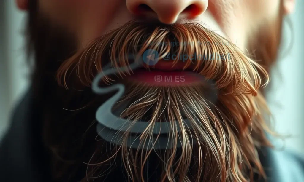 A close-up, detailed image of a man's beard with a subtle, realistic depiction of a tobacco scent visualized as faint, swirling particles around the beard. The lighting should be soft and natural, highlighting the texture of the beard.