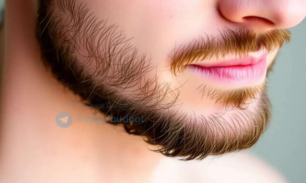 Close-up image of a man's face with a neatly trimmed beard. Focus on the skin under the beard, showing a slight redness or irritation. Soft, natural lighting.