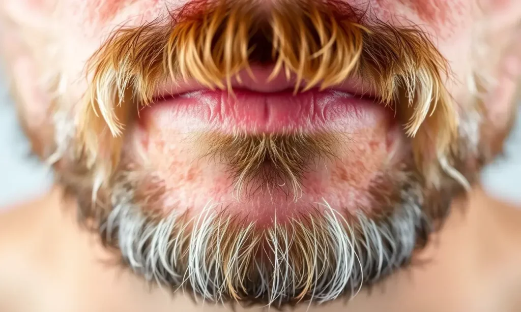 Close-up image of a man's face with a beard. Focus on the skin under the beard, showing a slight redness or irritation. The lighting should highlight the texture of the skin and the beard.
