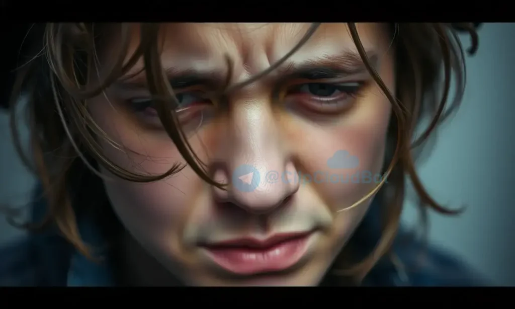 A close-up shot of a person's face with a focus on their hair and a hint of facial expression suggesting concern or discomfort. The hair should appear slightly disheveled, and there should be a subtle visual representation of a tobacco scent – perhaps a faint, hazy effect or a color tint near the hair. The background should be blurred and neutral.
