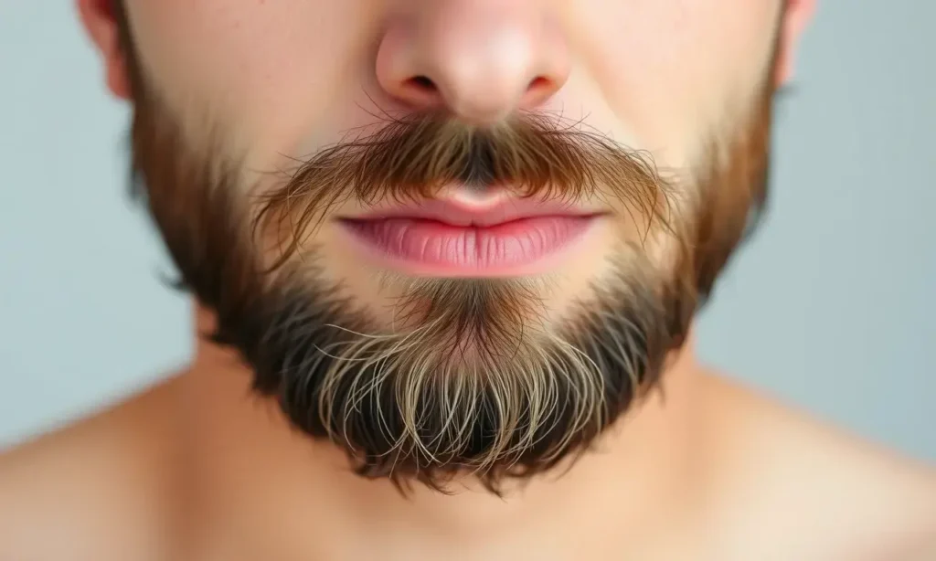 A close-up image depicting a man with a well-groomed beard and clear skin. The focus should be on the beard and the skin underneath, showcasing healthy skin. Soft, natural lighting.