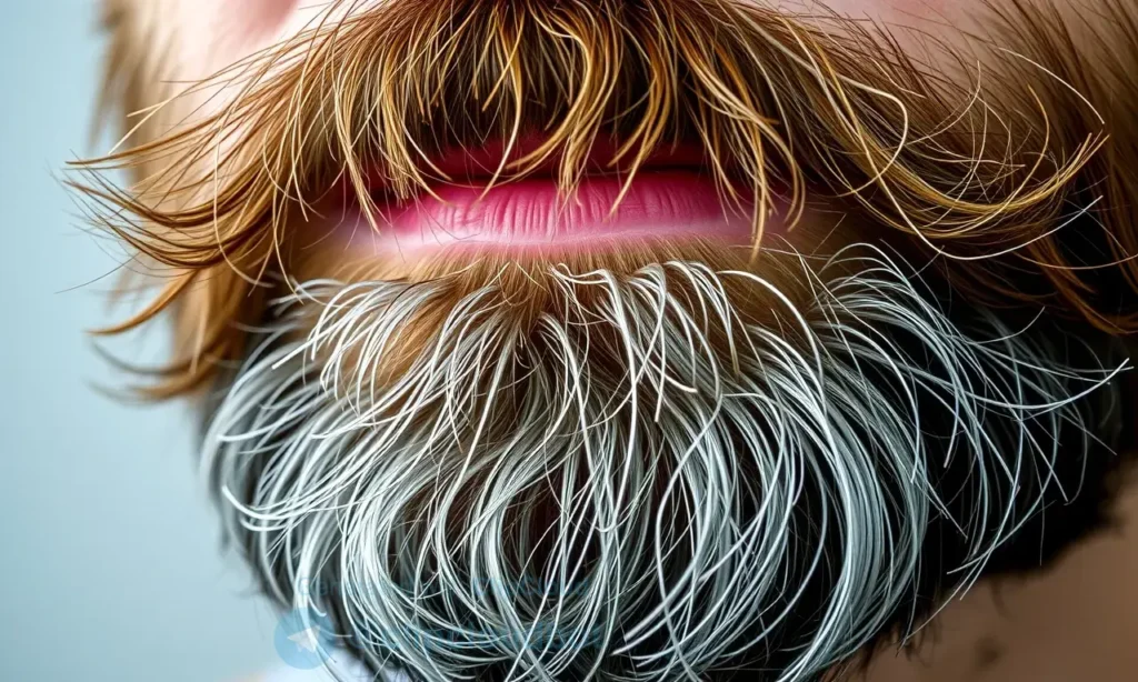 A close-up, realistic image of a man's beard with some ingrown hairs visible. The beard should be moderately thick and well-groomed, but with a few small, red bumps or areas where hairs are trapped. Focus on the texture of the beard and the skin underneath. The lighting should be soft and natural, highlighting the details of the beard and skin.