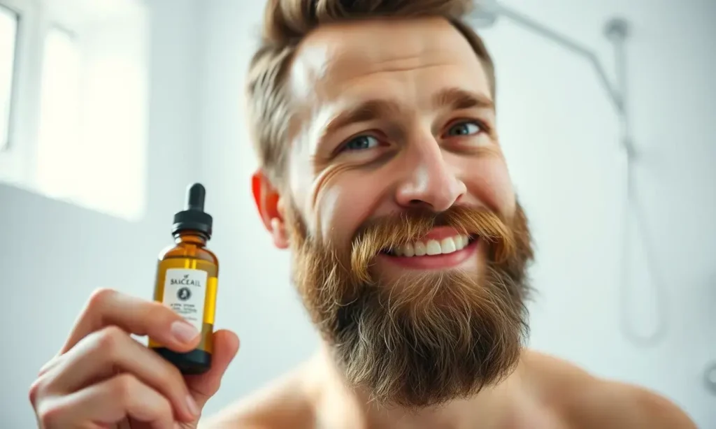 A man in his 30s with a well-groomed beard is shown applying beard oil to his beard. He is smiling slightly and looking at the camera. The background is a clean, modern bathroom with natural light. Focus on healthy-looking skin and beard texture.