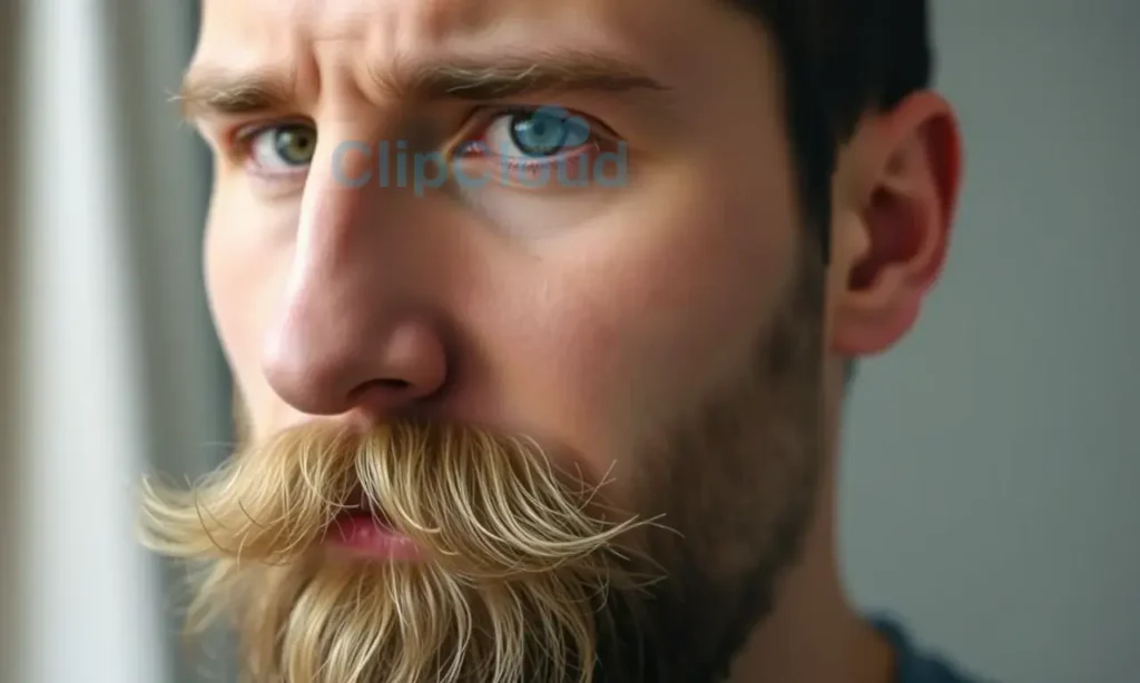 A close-up portrait of a man with a beard growing in an unusual or undesirable direction. The focus should be on the beard's texture and direction of growth, highlighting the problem. The man's expression should be neutral or slightly concerned. Soft, natural lighting.