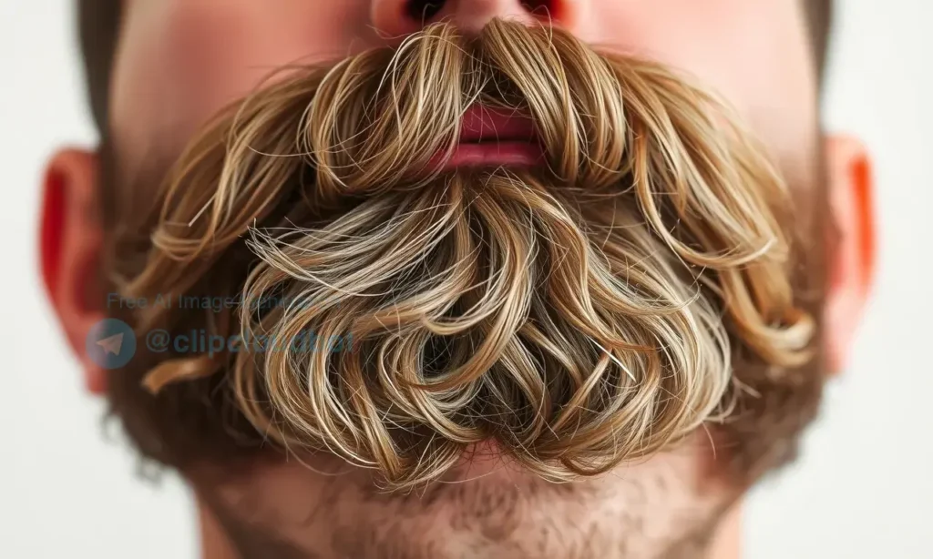 A close-up photo of a man's face with a beard that grows in an unusual direction, slightly askew. Focus on the beard's texture and the man's expression of mild concern or curiosity.