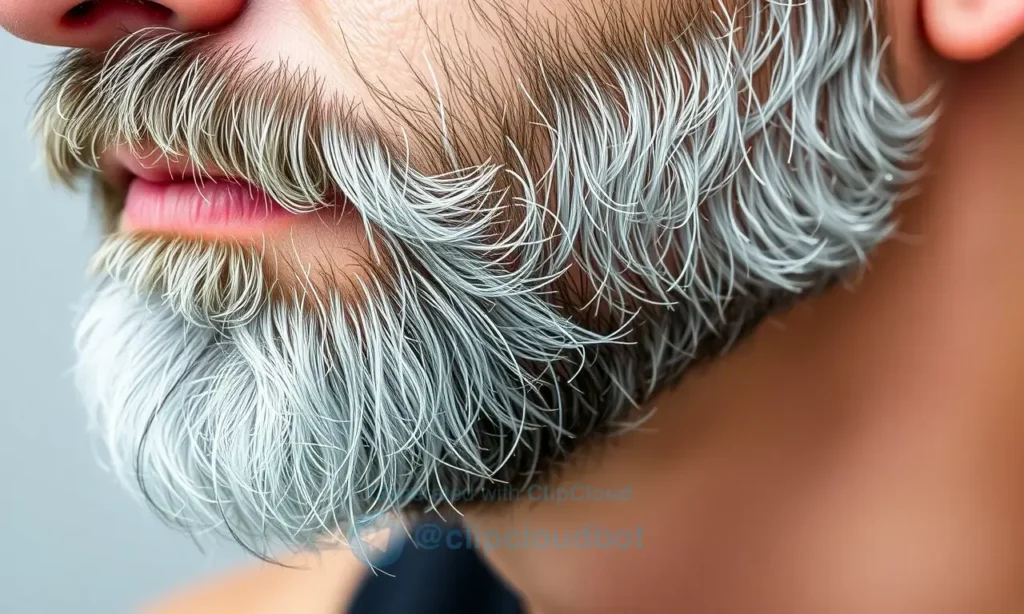 A close-up image of a man's beard, showing subtle changes in texture and density compared to a younger man's beard. The beard should have a slightly salt-and-pepper appearance, with some gray hairs visible. The skin beneath the beard should be smooth and healthy-looking. Focus on the details of the beard's growth and the skin's condition.