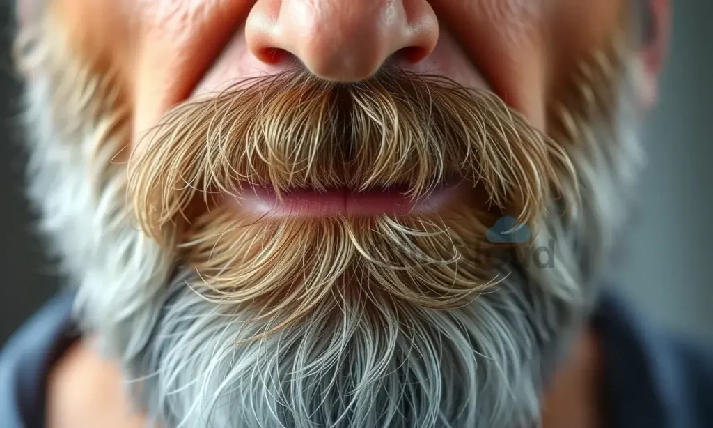 A close-up, high-quality image depicting a man's beard after 30 years of age. The beard should show subtle changes in texture and density compared to a younger beard. Focus on the skin around the beard, highlighting any potential dryness or age spots. The lighting should be soft and natural, emphasizing the details of the beard and skin.