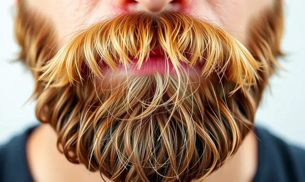A close-up of a human beard showing a gradient from dark brown at the roots to lighter brown or blond at the tips, illustrating melanin distribution. The beard should be natural, with subtle shading and realistic texture, no text or symbols.