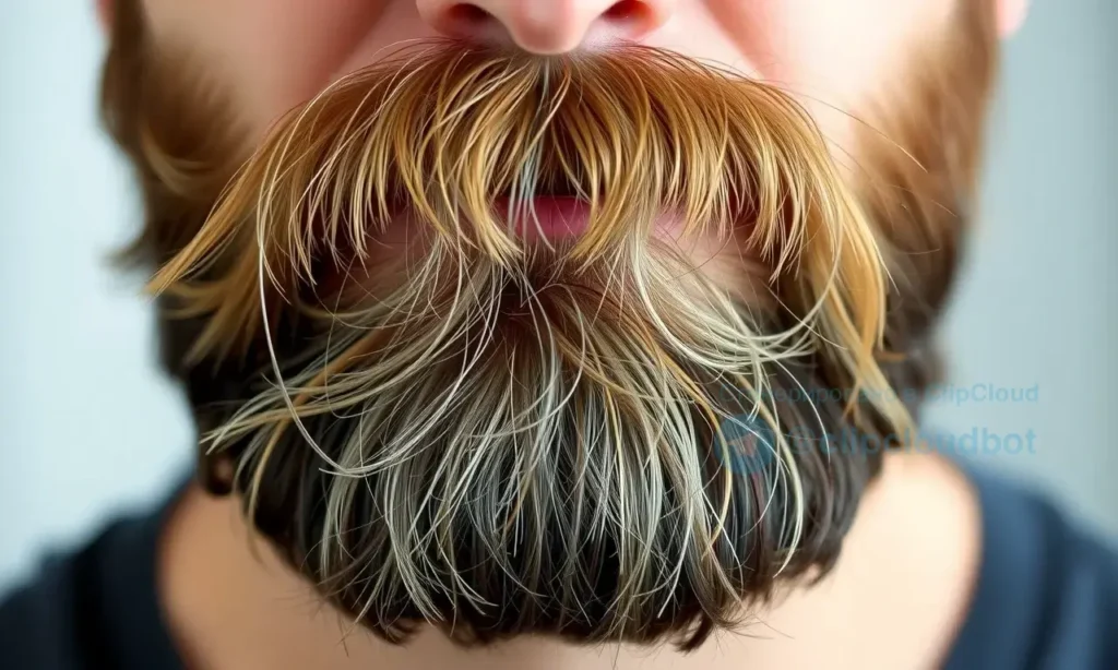 A close-up shot of a man's beard, showing its texture and variations in color. The beard should appear healthy and well-maintained, with a slight sheen. Focus on the details of the hair, highlighting its thickness and individual strands.
