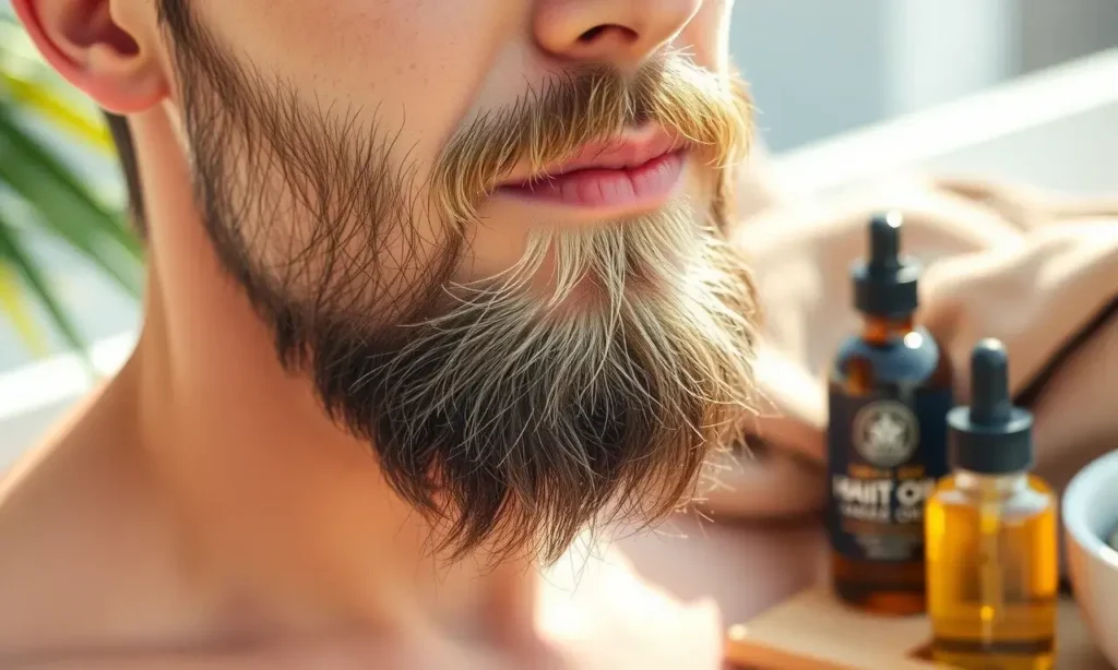 A well-groomed beard in a hot summer environment, showing clean, hydrated facial hair with subtle sweat droplets, surrounded by grooming tools like a comb, natural oil bottle, and a towel, soft natural daylight, calm and fresh atmosphere