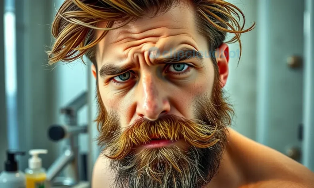 A close-up portrait of a man with a messy, untidy beard that looks uncombed and frizzy just an hour after grooming, standing in a bathroom with grooming products on the counter, looking slightly frustrated at his reflection, photorealistic, high quality, detailed textures