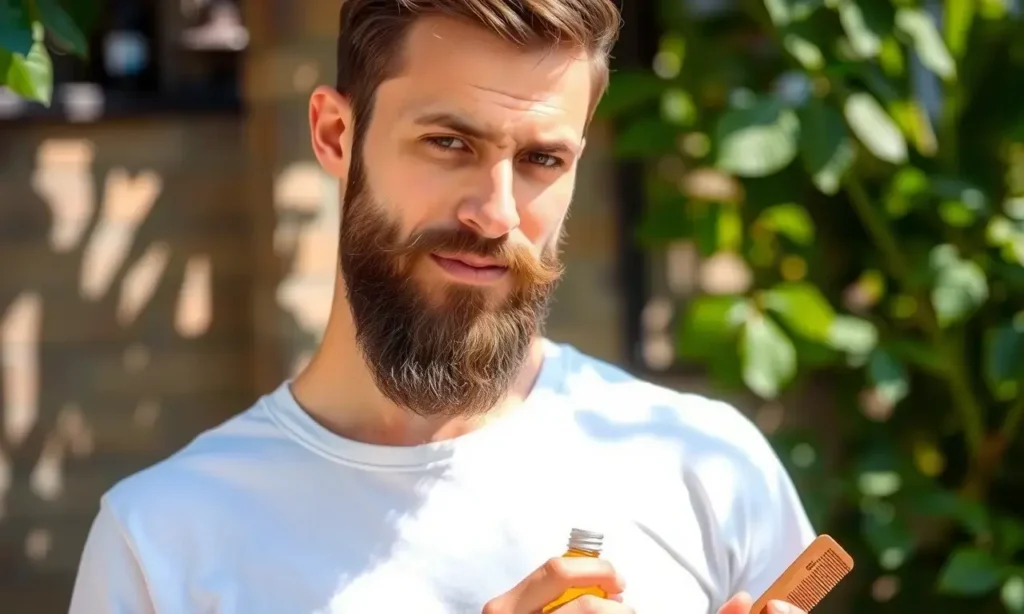 A well-groomed man with a neat beard, standing in a sunny outdoor setting, lightly sweating but looking fresh and clean, holding a small bottle of beard oil and a comb, surrounded by natural elements like leaves and sunlight filtering through trees, no visible stains or odor indicators