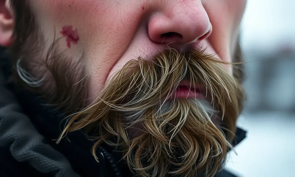 A close-up of a man's face with a beard, showing irritated red skin under the beard due to wind and cold, with subtle frost oncoming gust of cold wind visible as faint blue streaks in the air, soft natural daylight, realistic skin texture, no text or symbols