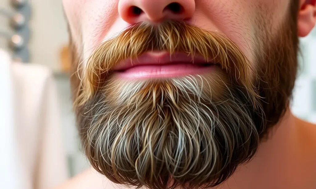 A close-up, detailed image of a well-groomed beard with a slightly textured appearance. The beard is clean and healthy-looking, with a natural shine. The lighting is soft and flattering, highlighting the beard's texture and color. Focus on the beard itself, with a blurred background suggesting a bathroom setting.