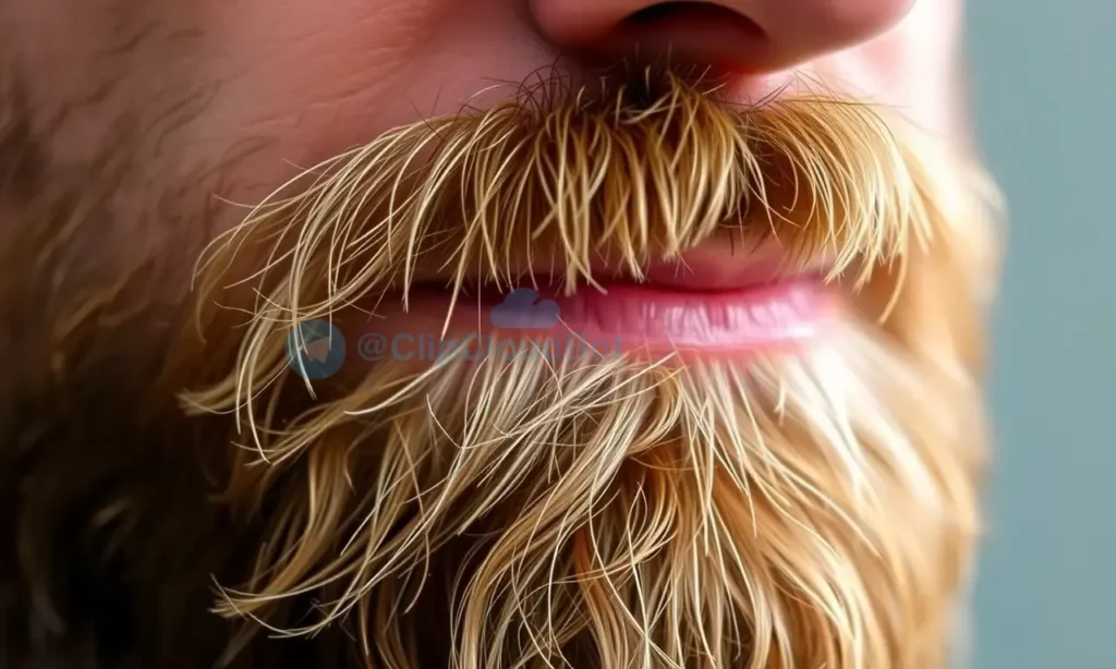 A close-up shot of a man's beard with visible, slightly coarse hairs. The beard should appear healthy and well-maintained, but with a natural texture. Focus on the texture and individual strands of hair.