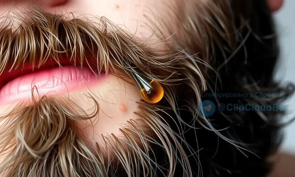 A close-up shot of a man's beard with a few drops of hair oil applied. The beard should be well-groomed and healthy-looking. Focus on the texture of the beard and the oil glistening on the hair.