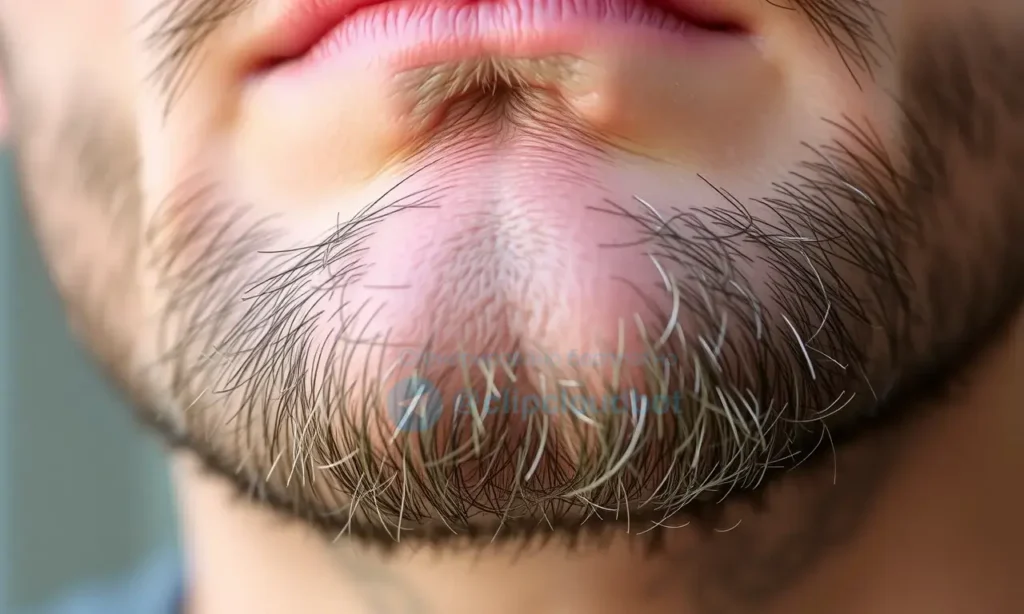 Close-up image of a man's chin and upper beard area. The focus is on the skin beneath the beard, showing a slightly irritated or dry texture. Soft, natural lighting.