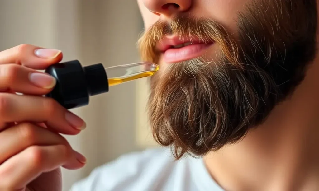 A close-up, high-quality image of a man with a well-groomed beard, applying beard oil to his beard with a dropper. The man has a neutral expression. Soft, natural lighting. Focus on the beard and the oil application.