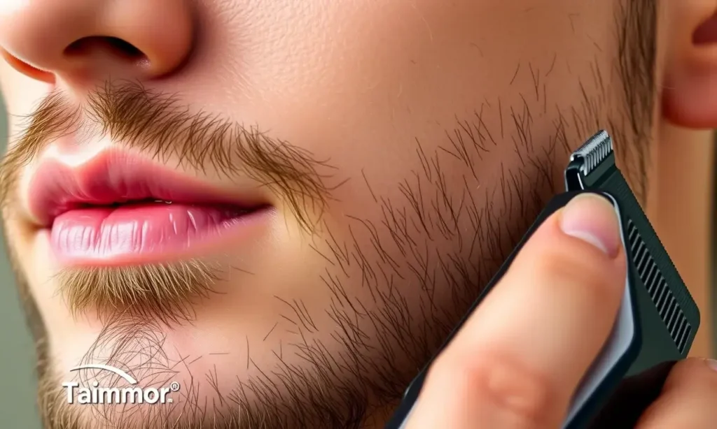 A close-up image depicting a person's face after using a trimmer and beard shaping tools. The focus is on the skin, showing a healthy, hydrated appearance. Subtle details of the skin texture and any minor redness or irritation from the grooming process should be visible, but not overly emphasized. The lighting should be soft and natural, highlighting the skin's texture.