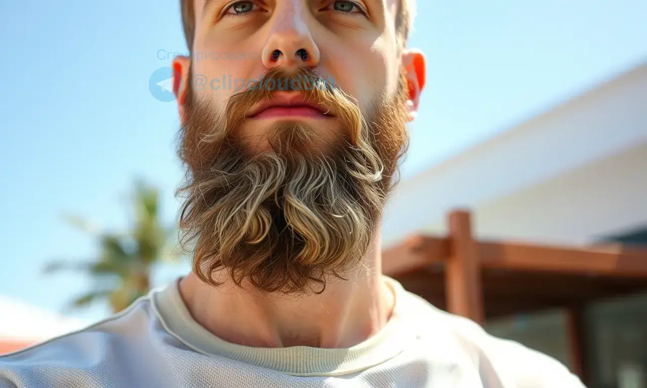 A man with a well-groomed beard is shown outdoors on a sunny day. He is wearing a light-colored, breathable shirt. The focus is on his beard, emphasizing its healthy appearance and cleanliness. The background is blurred, suggesting a warm, pleasant environment.