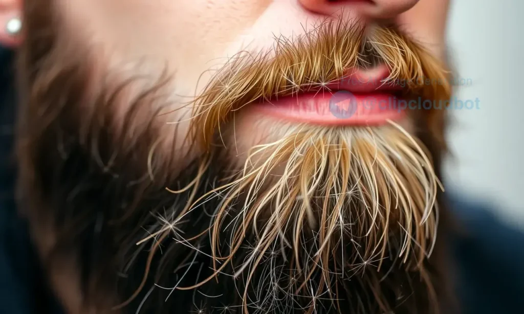 A close-up, detailed image of a man's beard with static electricity visibly forming small, sparkling particles. The beard is thick and well-groomed, with a slightly textured appearance. The background is blurred, suggesting a focus on the beard's texture and the static effect. The lighting should highlight the sparkle and the beard's details.