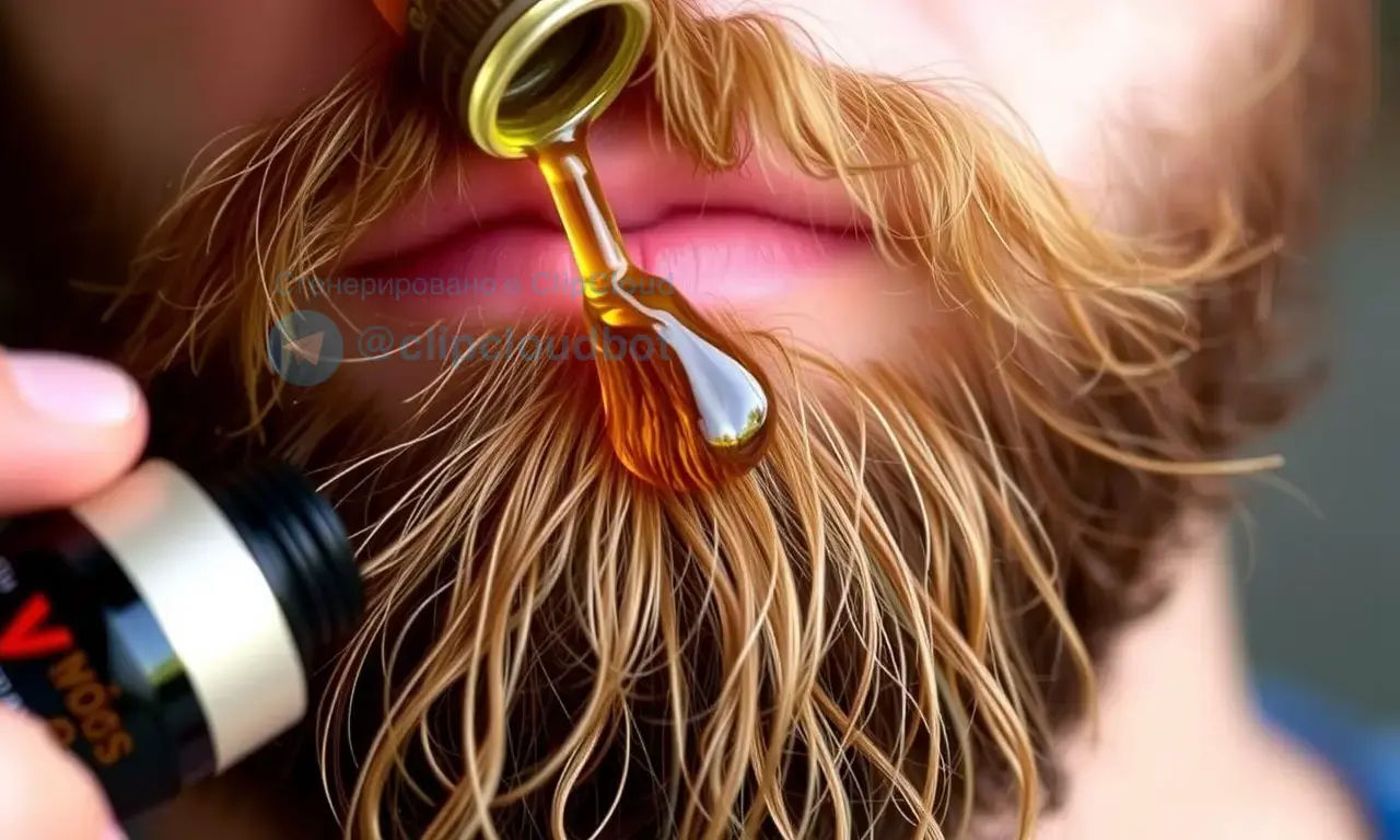 A close-up, detailed image of a man's beard with a small amount of beard oil being applied. The beard should be well-groomed and healthy-looking. Focus on the texture and shine of the beard and the oil.