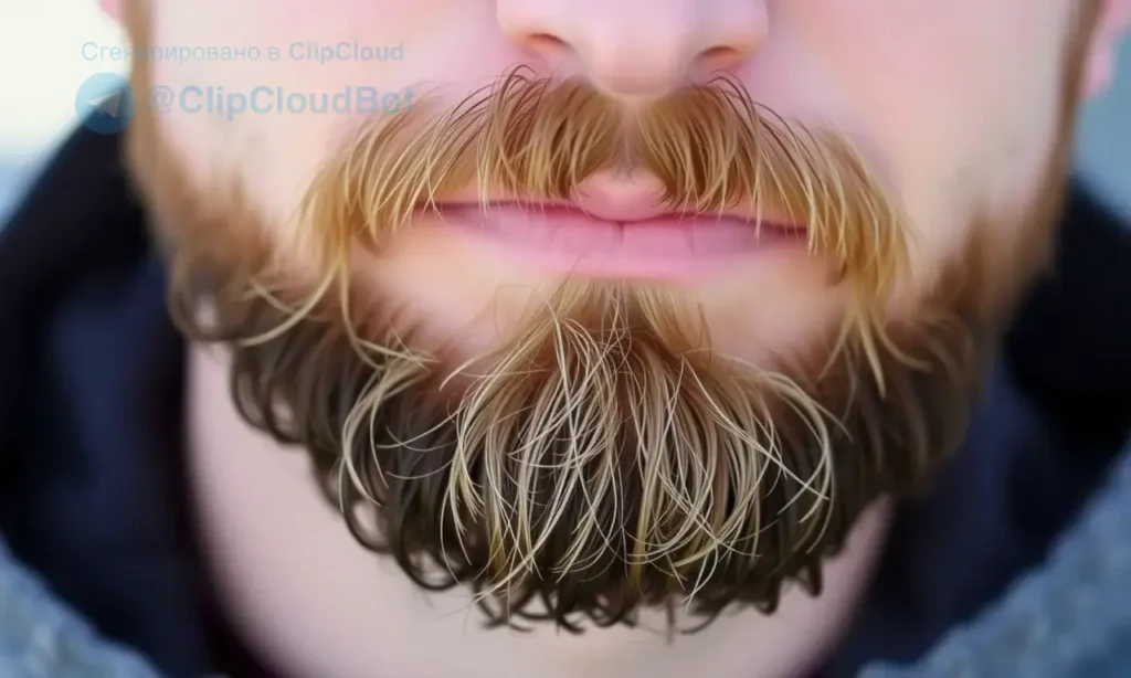 A close-up portrait of a man with a beard growing in an unusual direction, perhaps slightly upwards or sideways, showing the texture and density of the beard. Focus on the facial hair and the surrounding skin. Natural lighting.