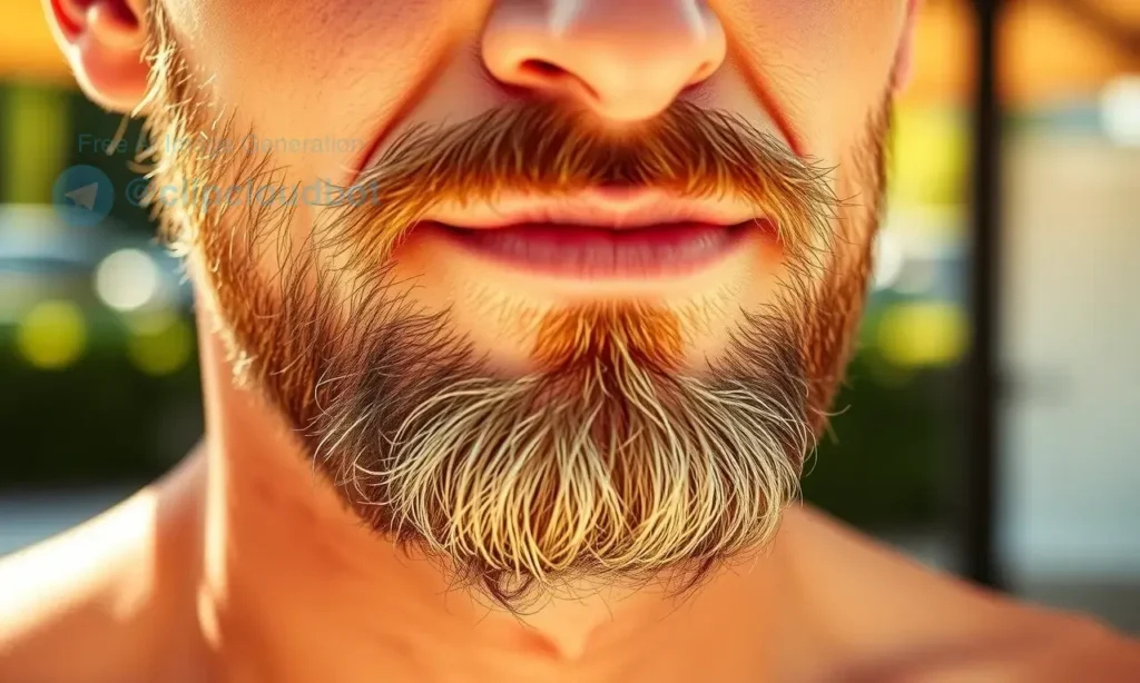 A well-groomed beard with a clean, fresh appearance, showing subtle sweat beads on the skin beneath, set in a warm, sunny outdoor environment with soft natural lighting, conveying hygiene and comfort in hot weather