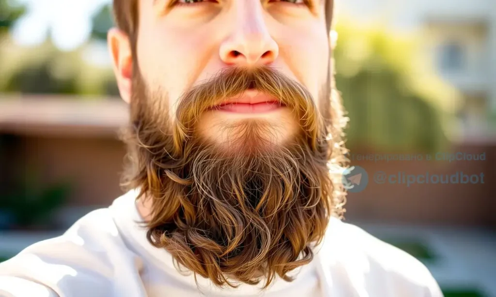 A person with a well-groomed beard is standing in a bright, sunny outdoor setting. They are wearing a light-colored, breathable shirt. The focus is on the beard, highlighting its texture and health. The background should be slightly blurred to emphasize the person and their beard.