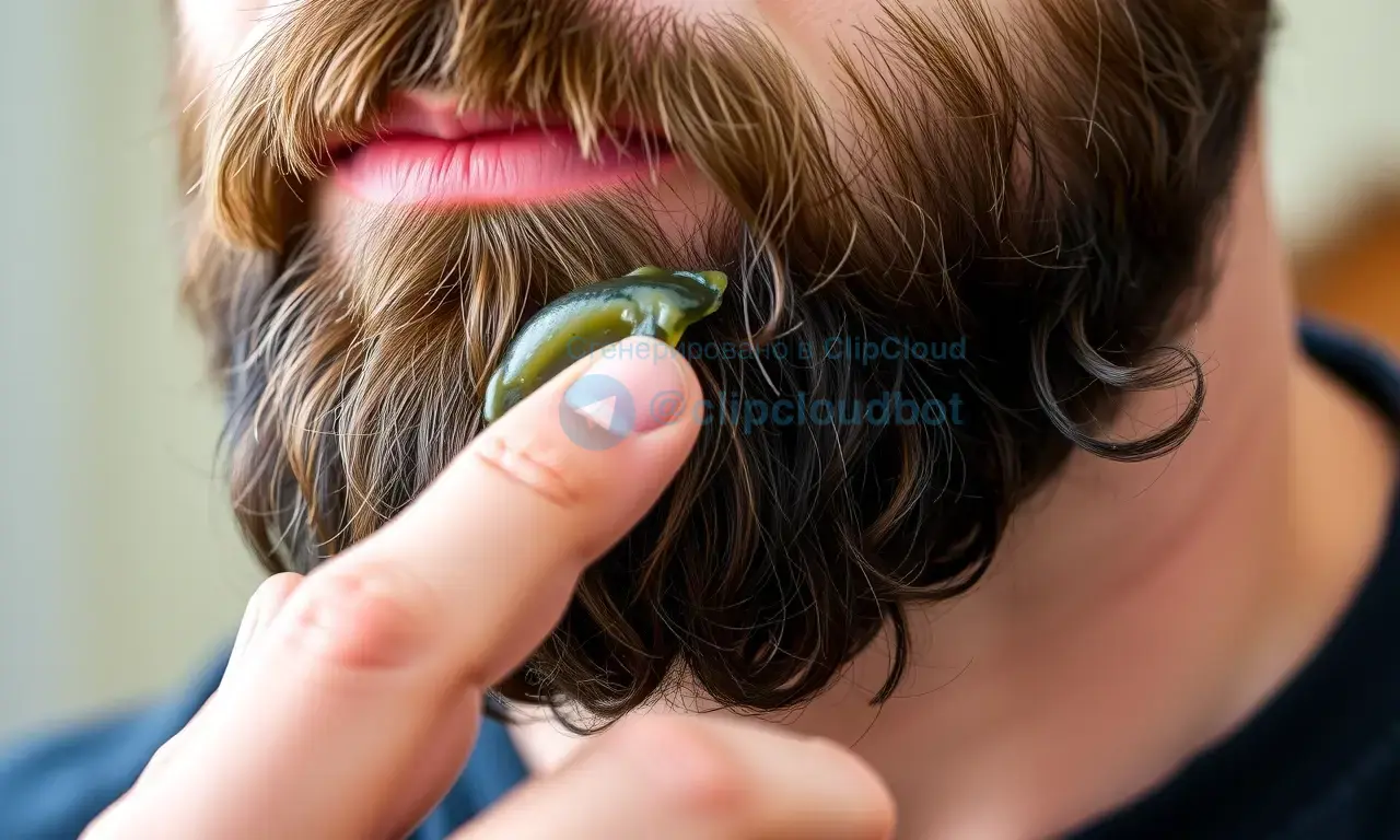 A close-up shot of a man's beard with a small amount of beard wax being applied. The beard should be slightly textured and well-groomed. Focus on the application of the wax and the texture of the beard.